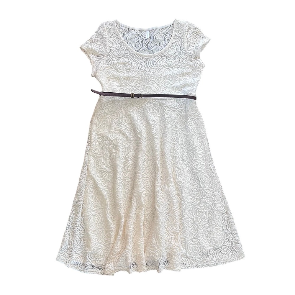 PinkBlush Women Cream White Floral Rose Lace Belted Fit Flare Dress Short Sleeve